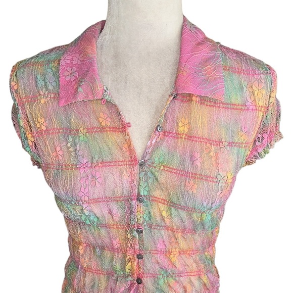 NWOT Free People Julie Printed Lace Mesh Crop Top in Tropical Sunset Combo - S - Picture 6 of 15